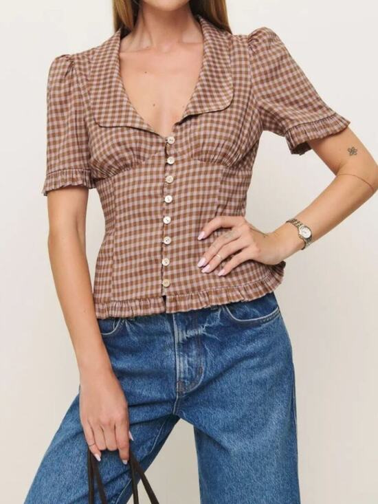 Reformation Tops - Reformation Olli Top  Audrie Check Short Sleeves Button Front Sz 12